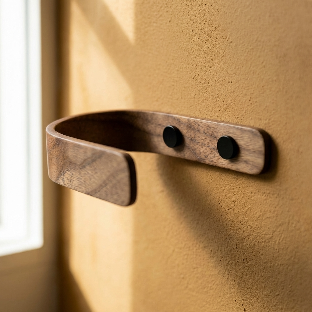 Solid walnut curtain holdback close up showing natural wood grain and black fitting