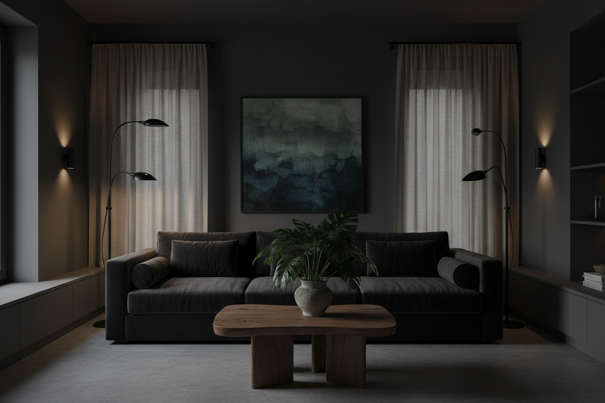 Moody modern interior design with dark walls, designer wooden curtain holdbacks, and minimalist decor
