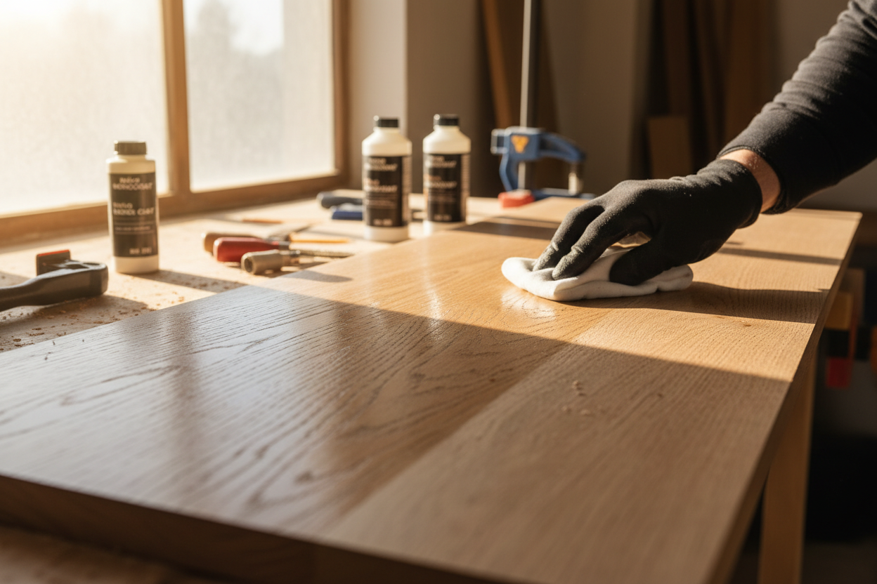Rubio Monocoat application on premium hardwood showing single-coat technique and natural matte finish