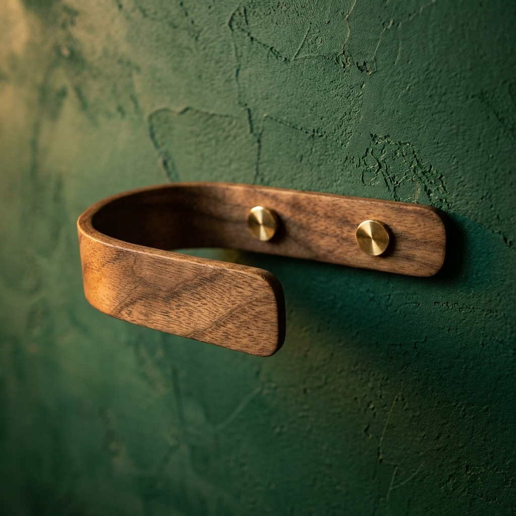 Handcrafted walnut curtain holdback mounted on wall, elegant wooden design, luxury home décor, modern and functional window accessory.