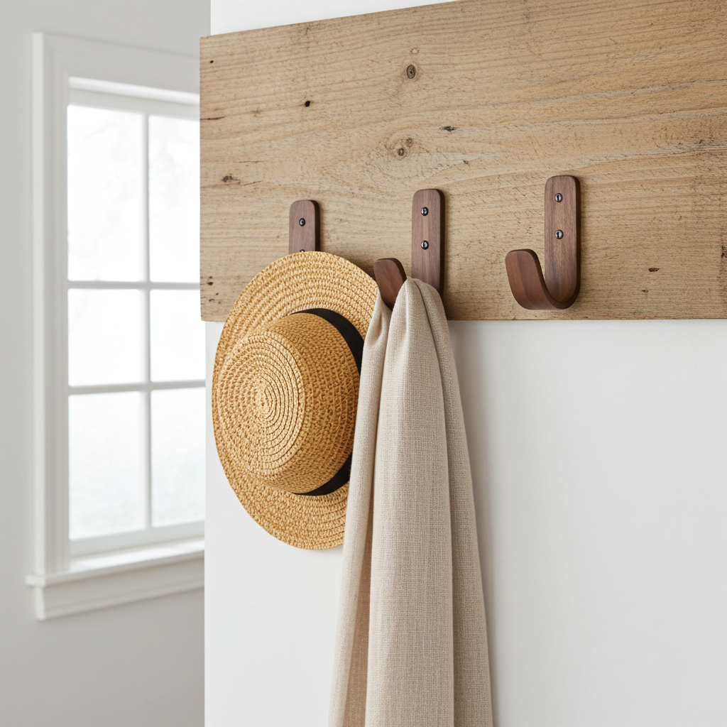 Wooden hooks on a wooden panel with a hat and coat hanging on them, near a window.