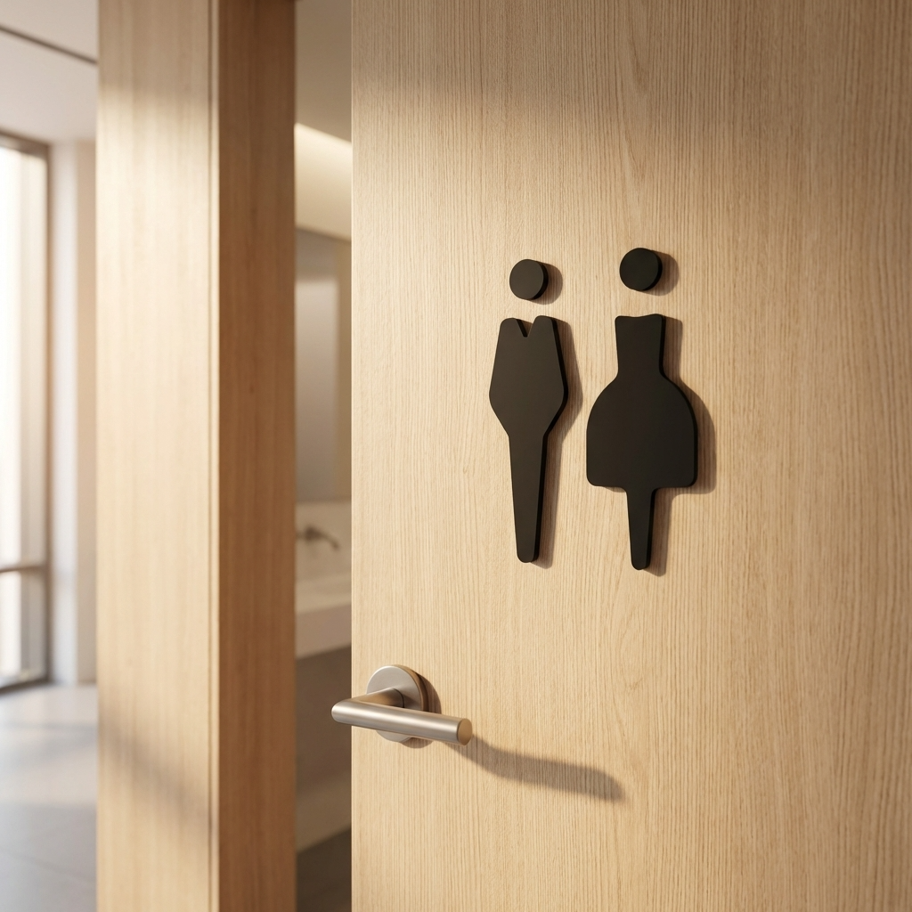 Wooden door with restroom signs on a light wood background