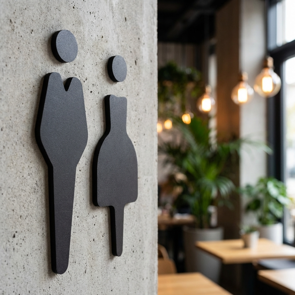 Black silhouette of a man and woman on a concrete wall inside a modern cafe.