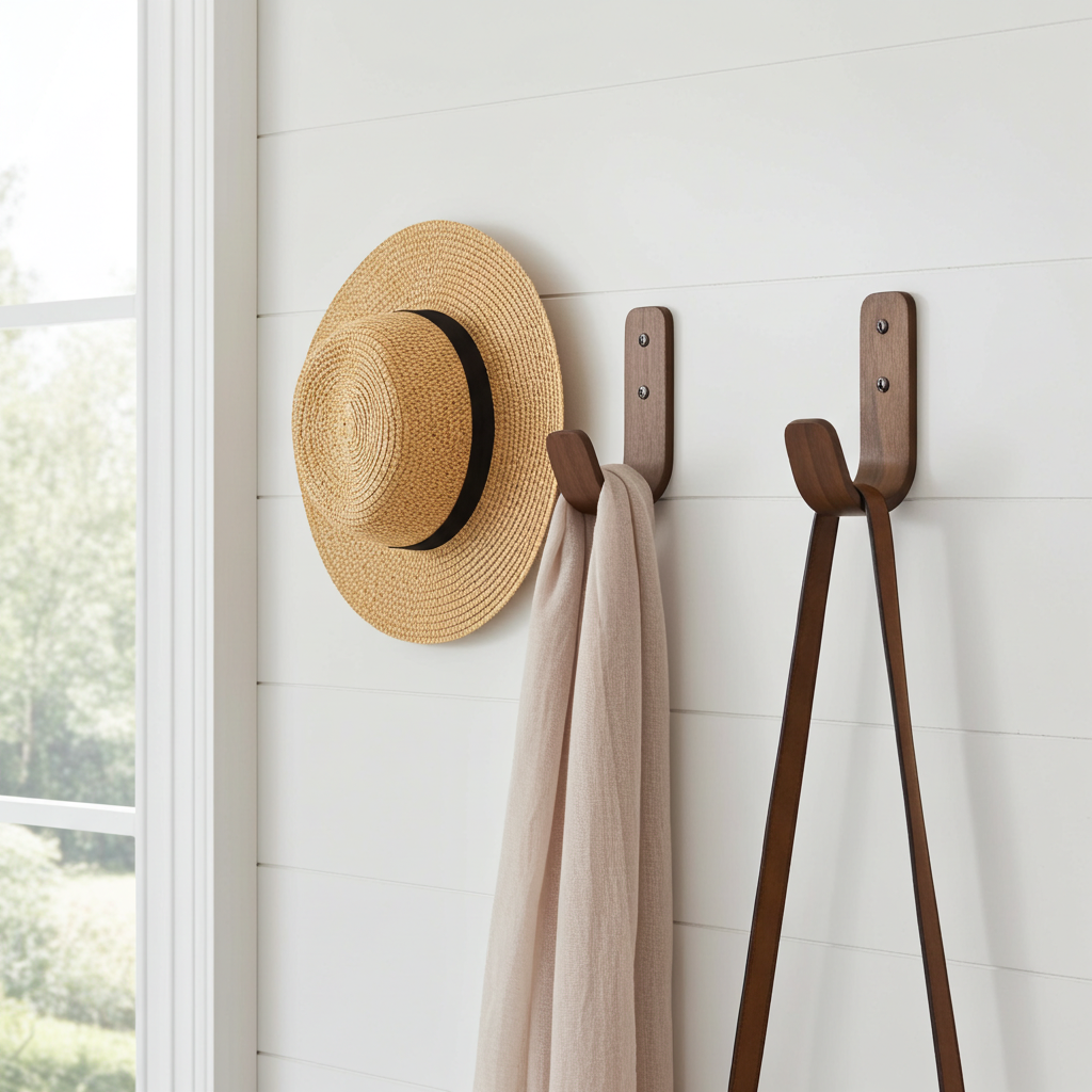 Straw hat and scarf hanging on wooden hooks against a white wall.