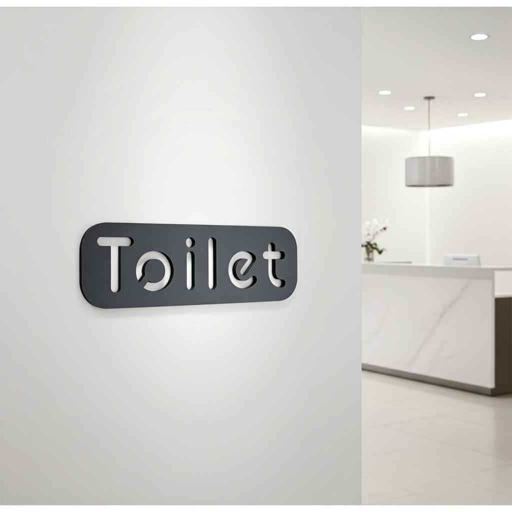 Modern office interior with a 'Toilet' sign on a white wall.