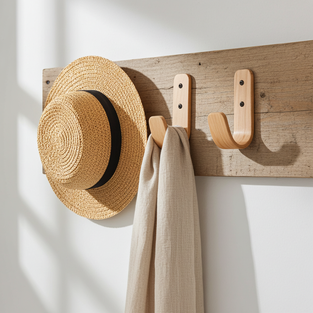 Wooden coat rack with a straw hat and beige scarf on a white wall