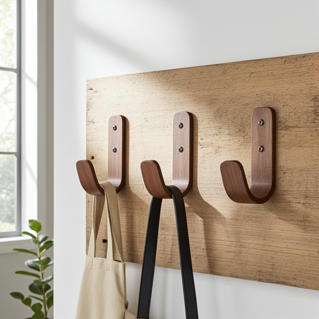 Wooden wall hooks on a wooden panel with a plant in the background