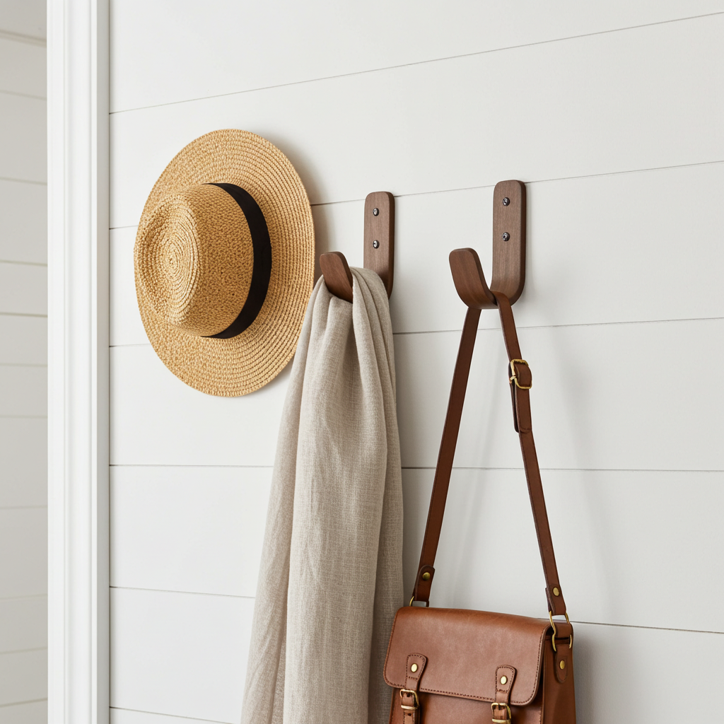 Straw hat, scarf, and brown leather bag hanging on wooden hooks against a white wall.