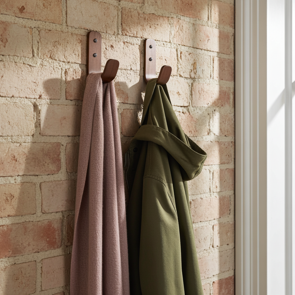 Two coats hanging on wooden hooks against a brick wall.