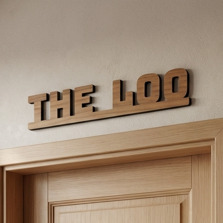 Wooden door with 'THE LOO' sign above it, light-colored walls, and a plant on the right.
