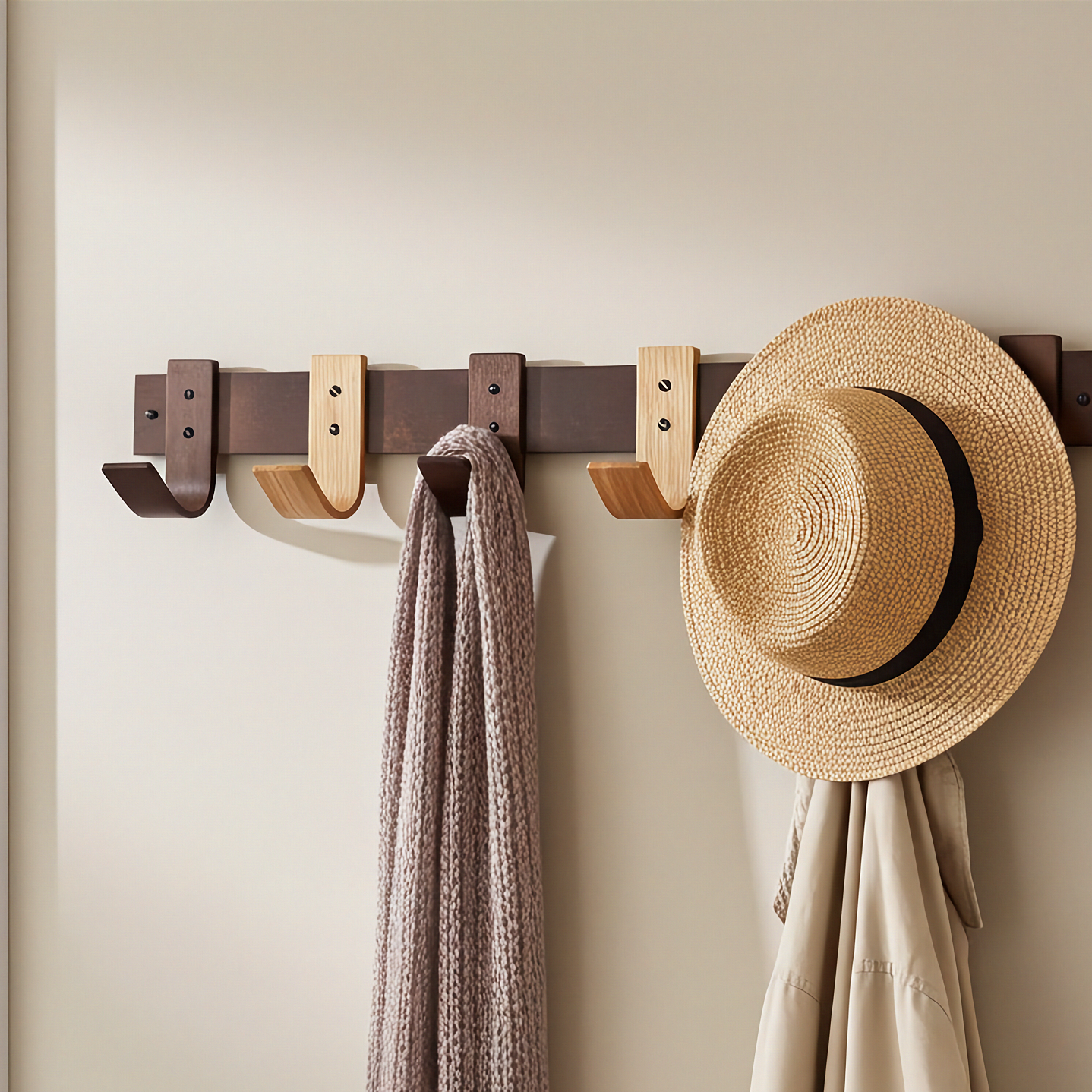 Wooden wall hook with a hat, coat, and scarf hanging on a beige wall.