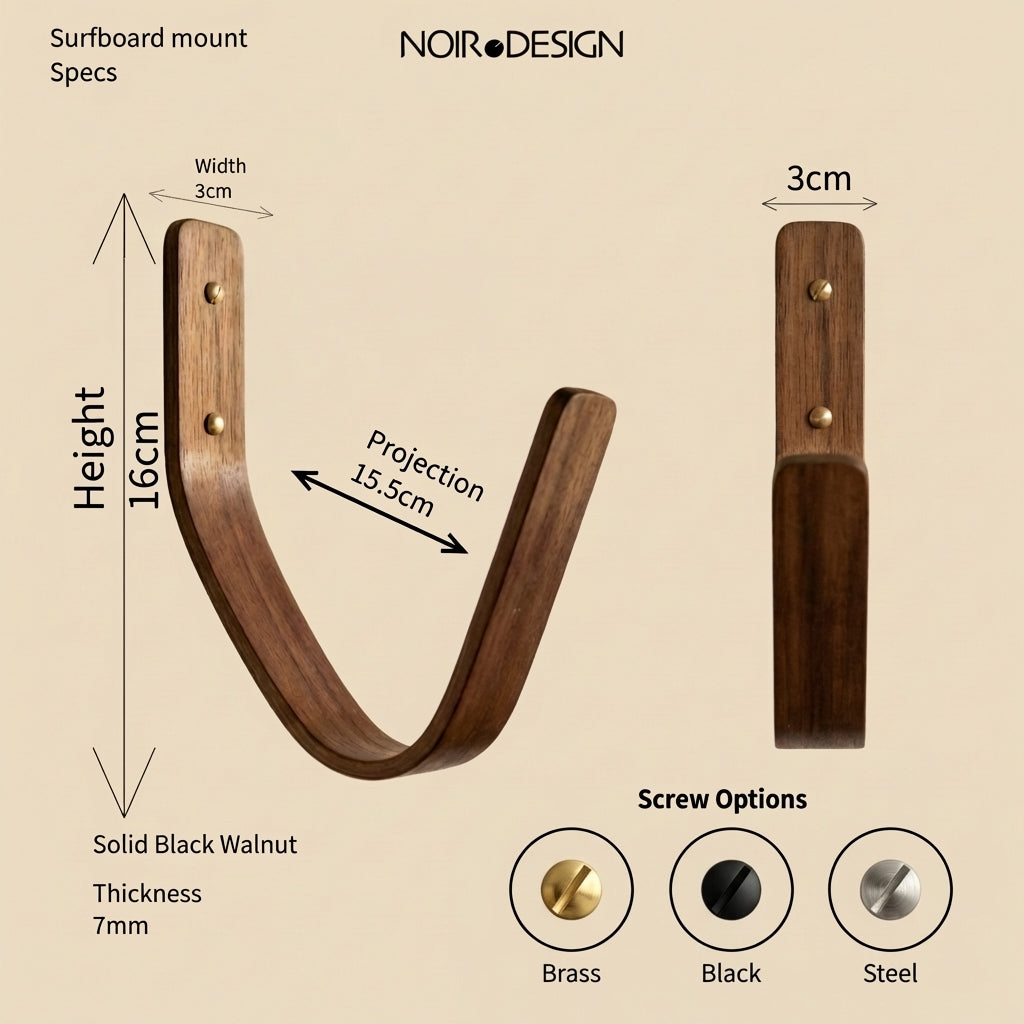 Wooden surfboard mount with dimensions and screw option icons on a beige background