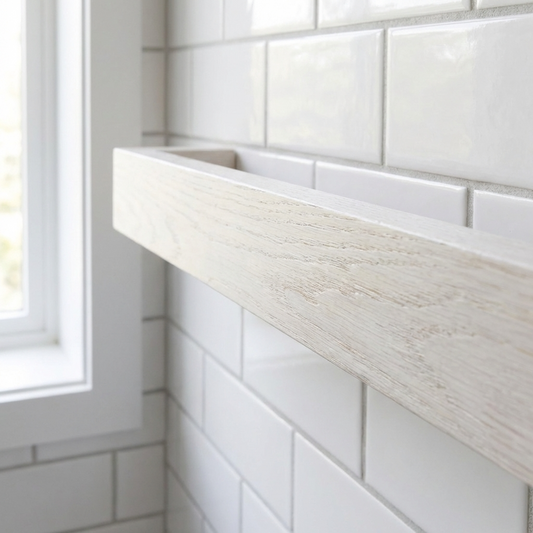Close-up of a white Towel Rack on the wall with a wooden shelf.
