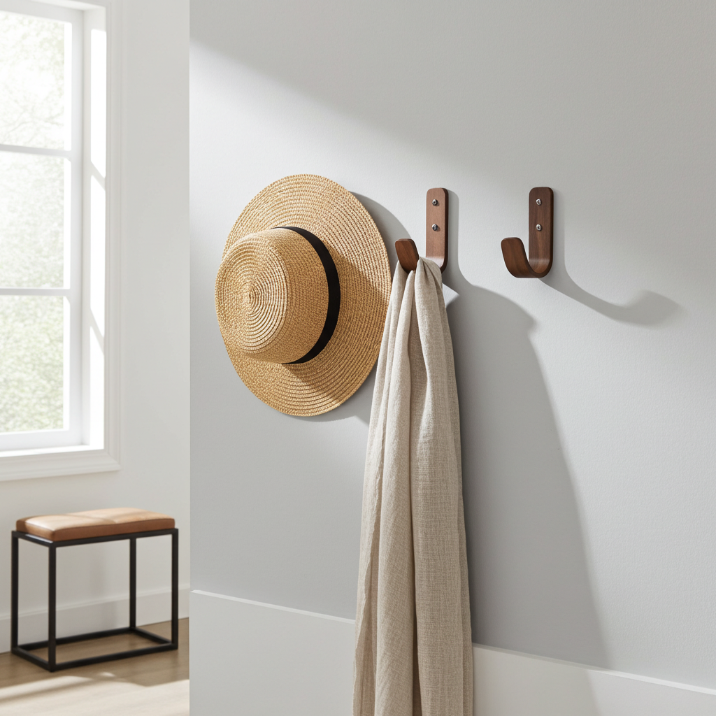 Straw hat and towel hanging on wooden hooks against a white wall.