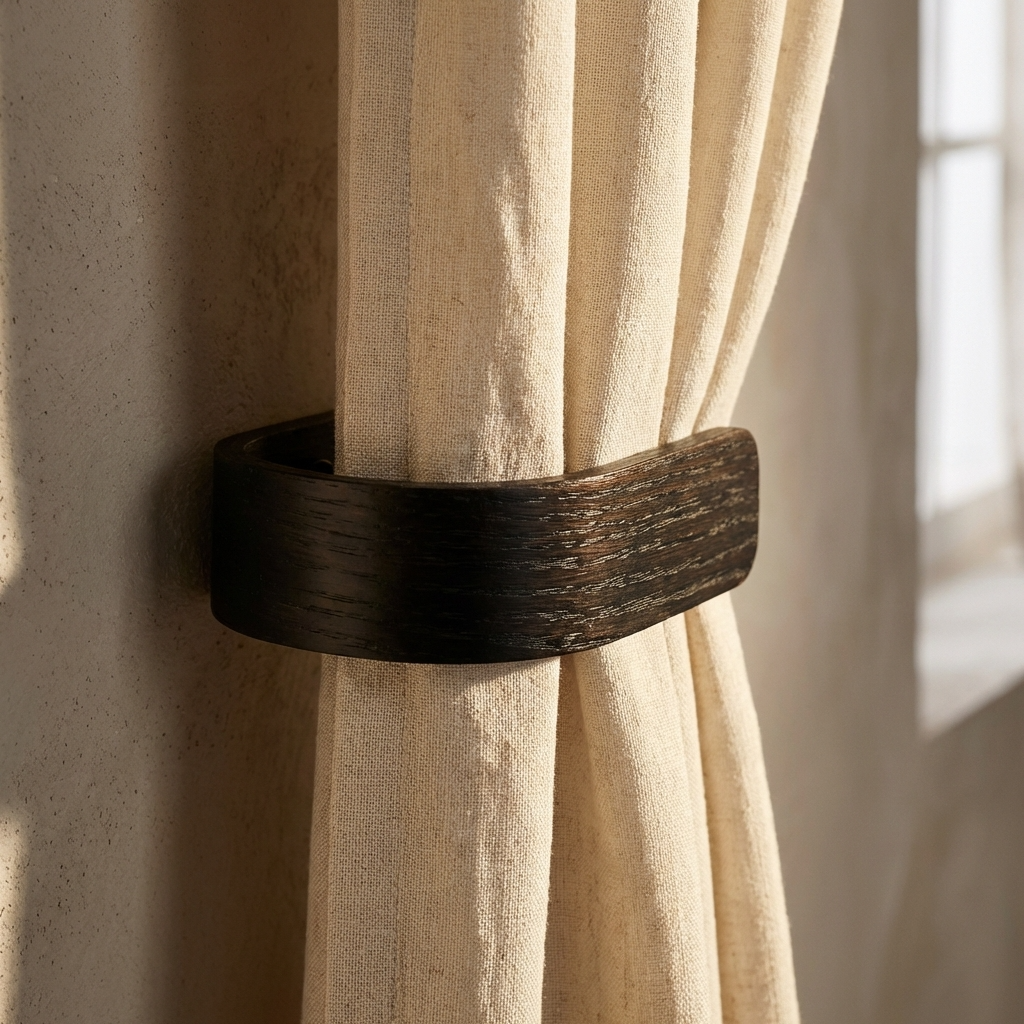 Beige curtain with a wooden curtain tieback against a neutral wall.