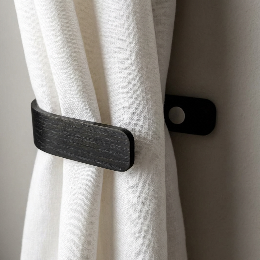 Black curtain tieback holding a white curtain against a neutral wall