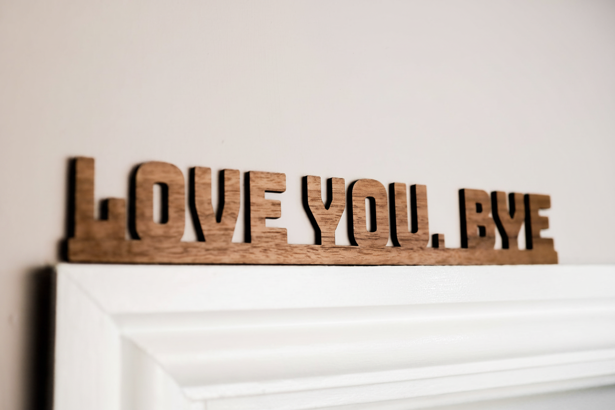 Wooden sign with 'LOVE YOU, BYE' on a white surface