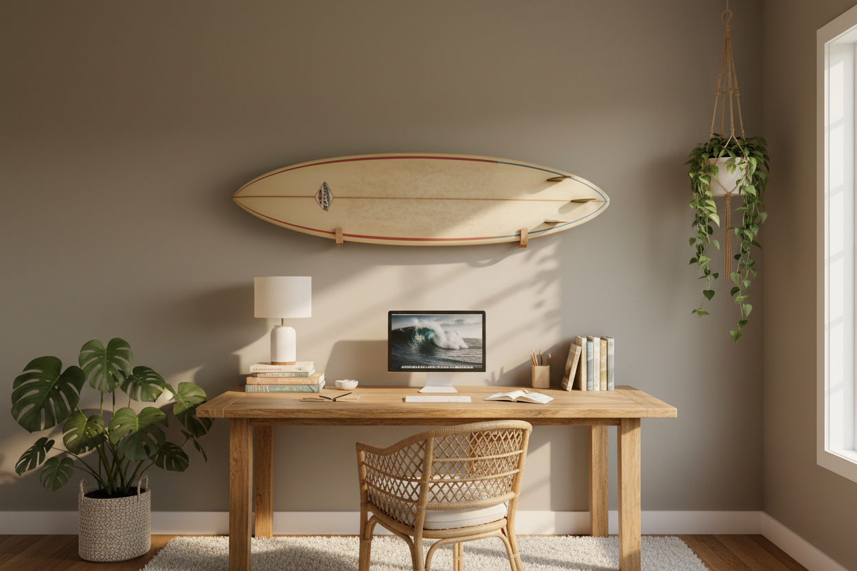 Creative Workspace displaying surfboard on the wall using noir.design surfboard mounts