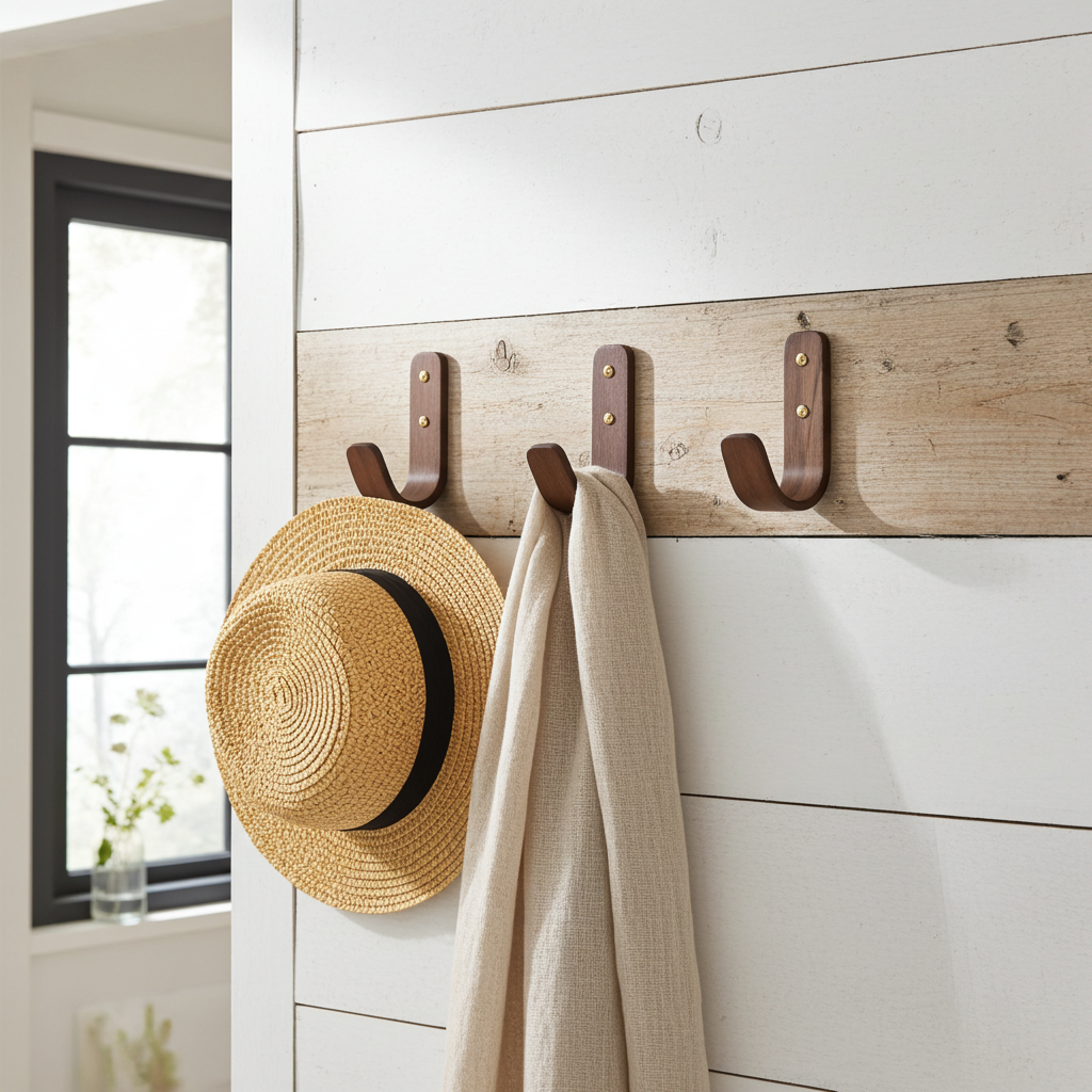 Wooden wall hooks with a straw hat and beige towel on a white wall.
