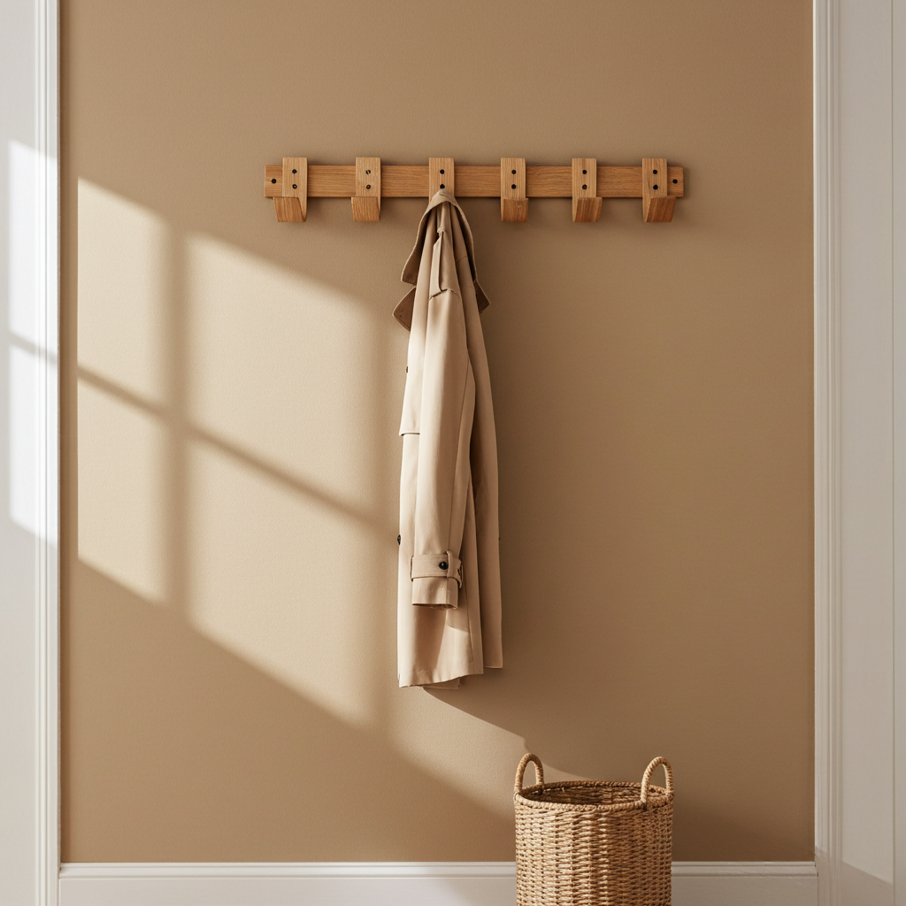 Wooden coat rack with a beige coat and a wicker basket on a beige wall.