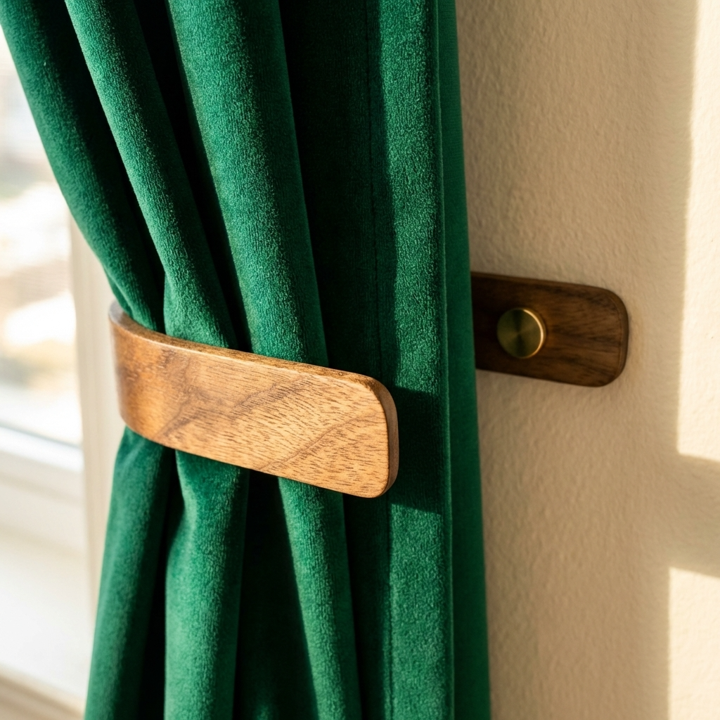 Green curtain with wooden and brass curtain tieback against a neutral wall.