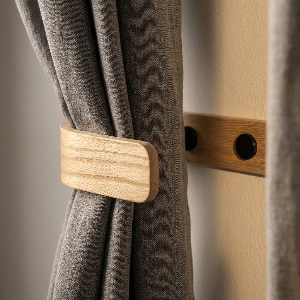 Wooden curtain tieback on a brown curtain with a neutral background
