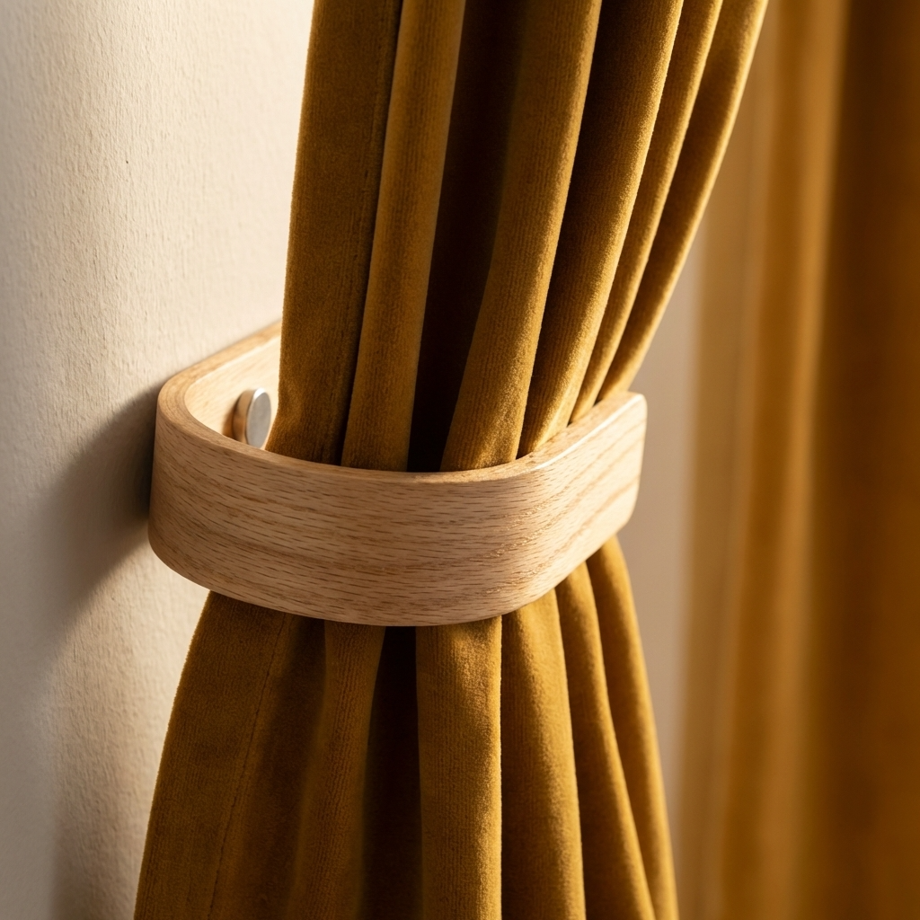 Brown curtain tied with a wooden tieback against a neutral wall.