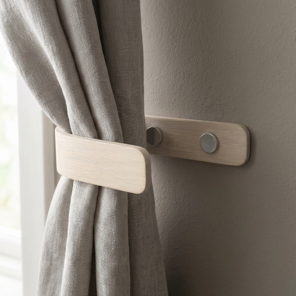 Wooden curtain holder attached to a gray curtain against a beige wall.