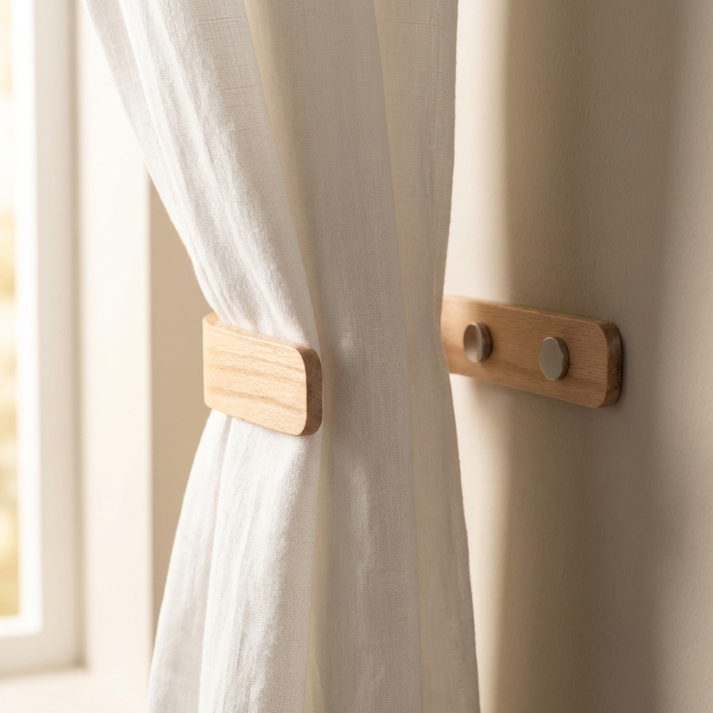 Wooden curtain tiebacks on a white curtain with a neutral wall background