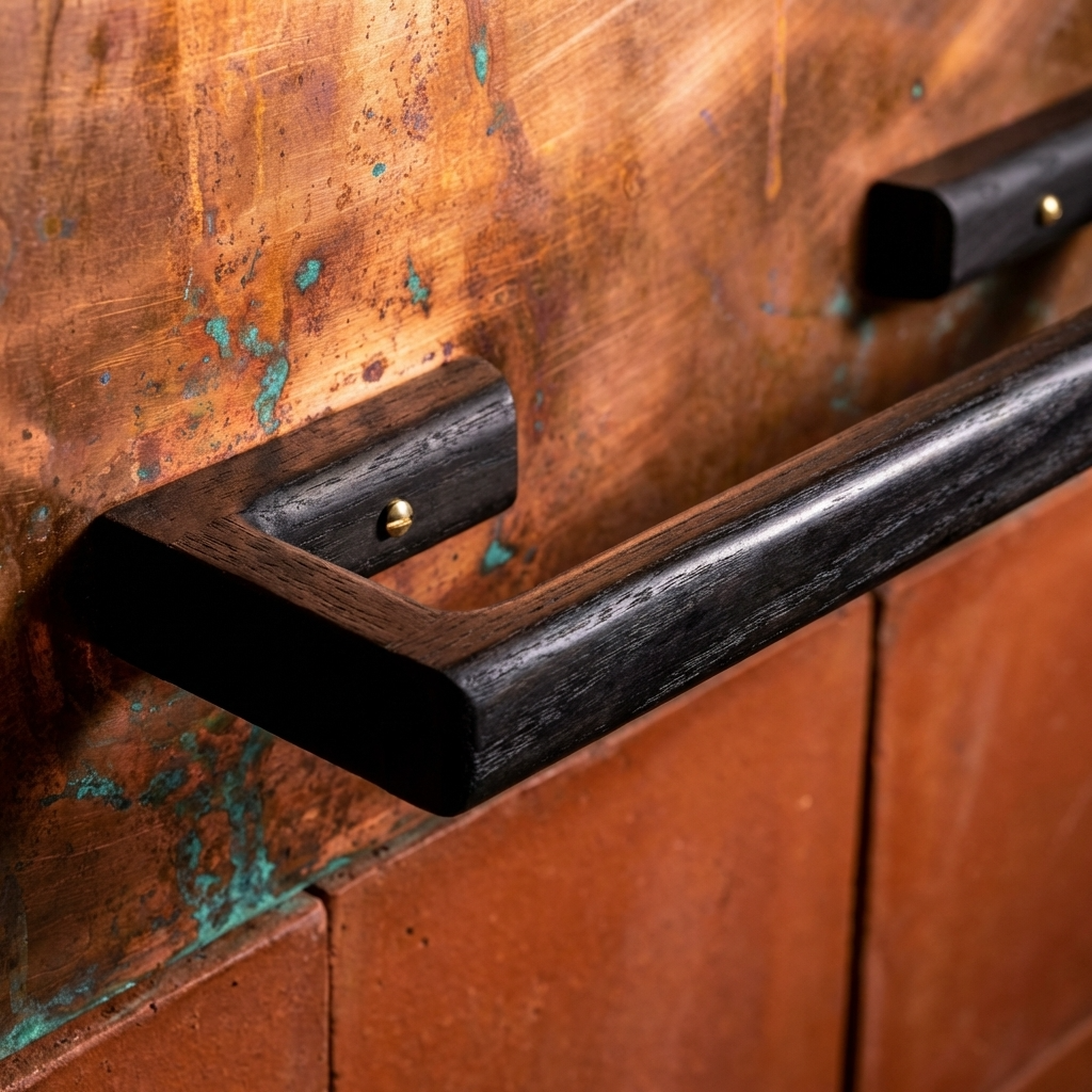 Close-up of a wooden surface with towel rail