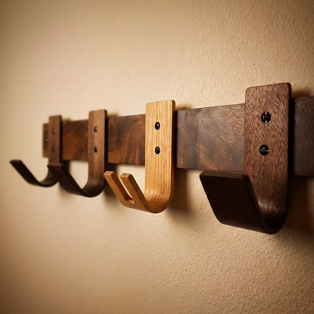 Wooden wall-mounted coat rack with hooks on a beige wall