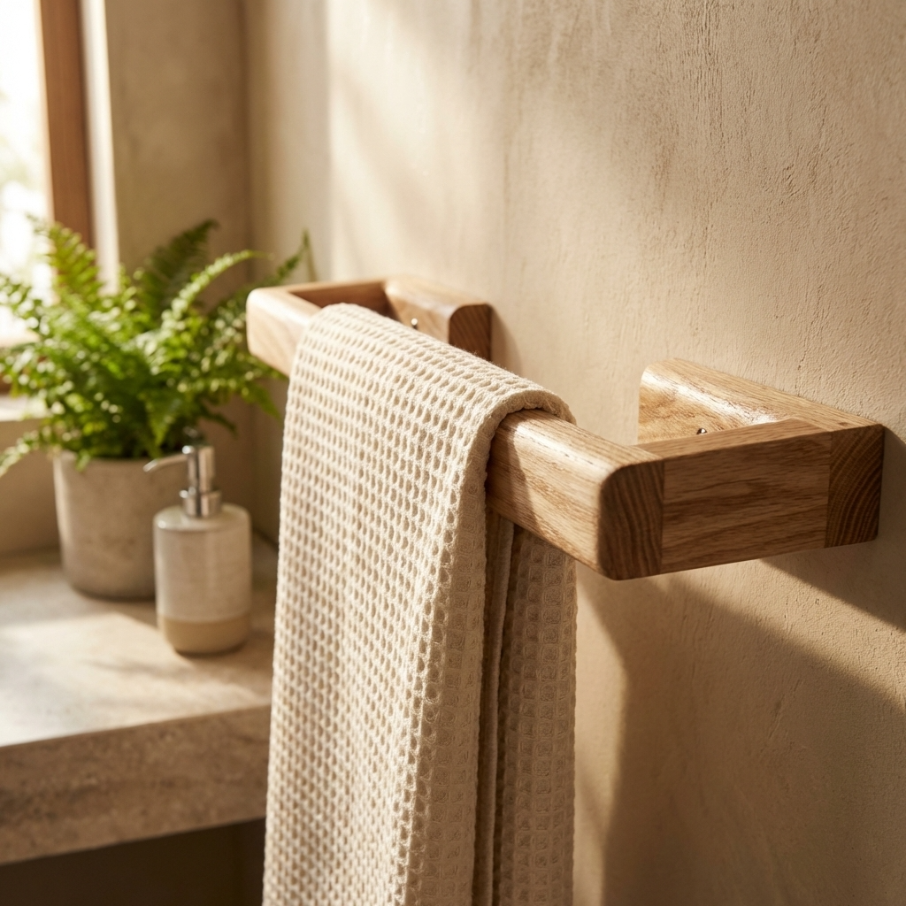 Wooden towel rack with a towel hanging on it, next to a window with a plant and soap dispenser.