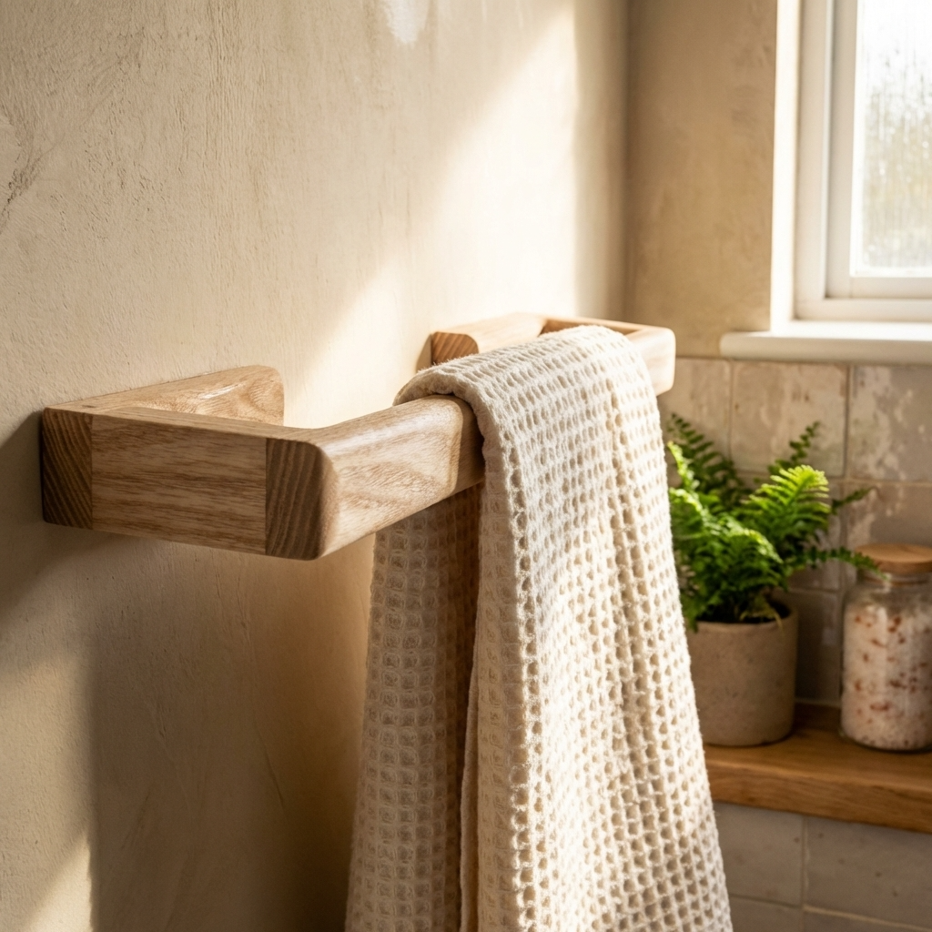Wooden towel rail with a blanket draped over it in a cozy room with plants and jars.