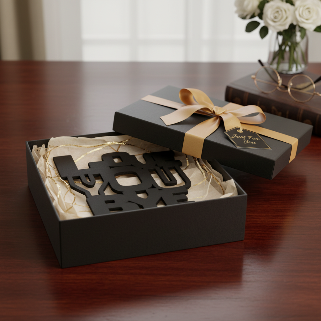 Black love you bye sign gift presentation with elegant packaging