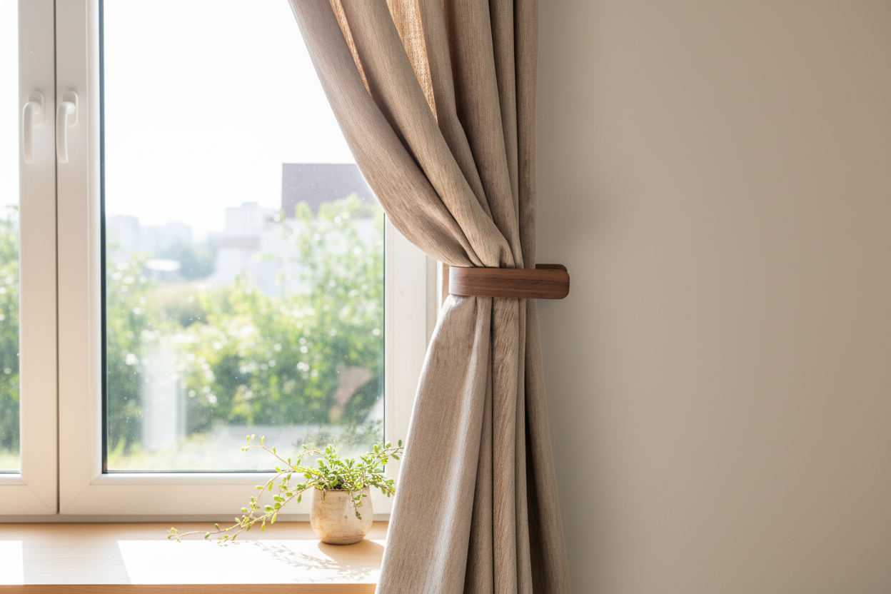 Lifestyle variation bedroom of walnut curtain holdbacks holdings back curtains