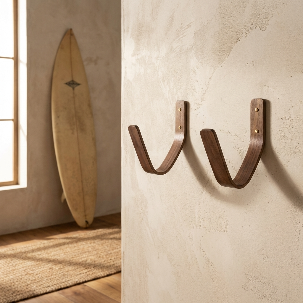 minimalist surfboard wall rack in solid walnut modern decor
