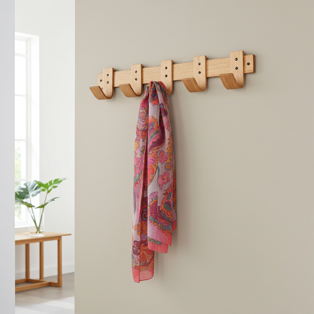 Full view of all five coat hooks on oak rack