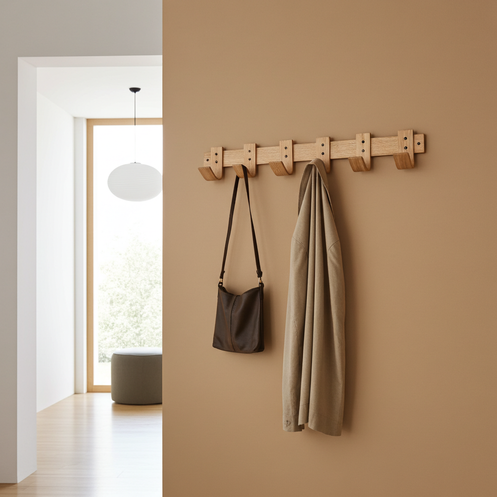 Wooden wall hook with a bag and coat on a beige wall.