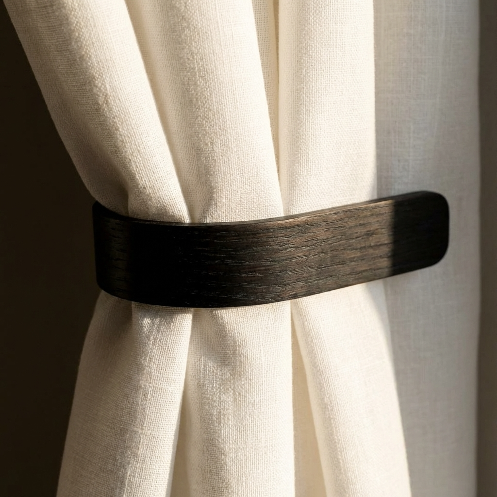 Wooden curtain tieback on a white curtain