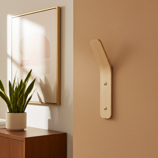 Decorative coat hook. wall light fixture on a beige wall with a plant and framed artwork.