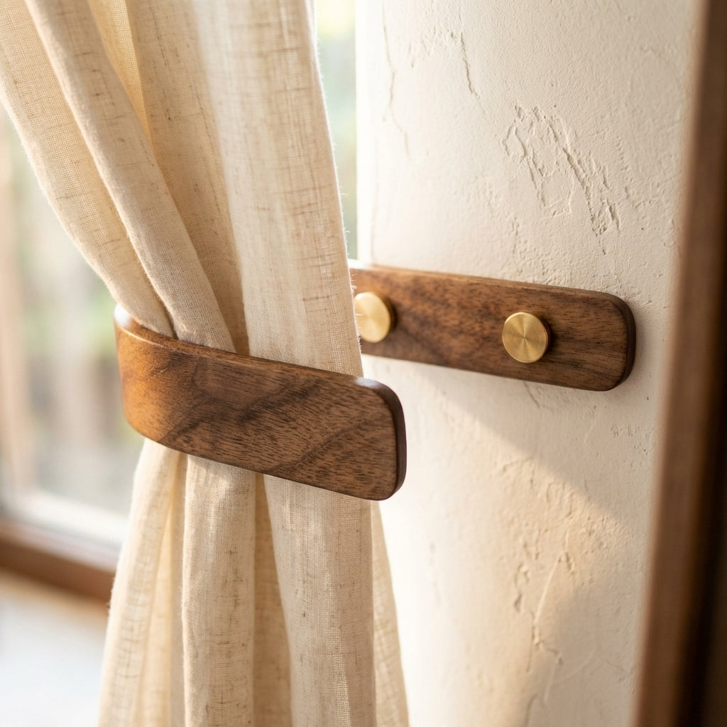 Walnut Curtain Holdbacks (Pair) – Wooden Tie Backs, Brass Fixings