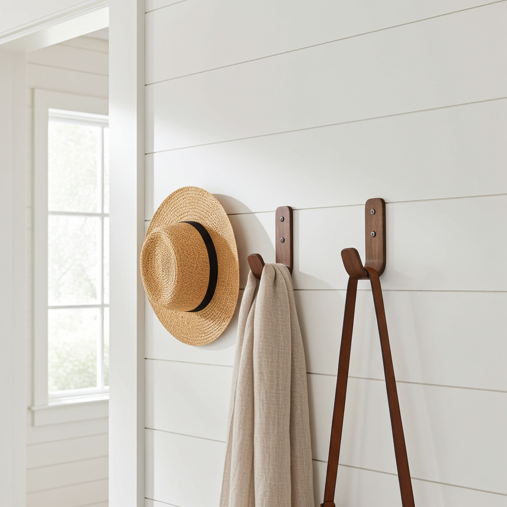 Straw hat and coat hanging on wooden hooks against a white wall.