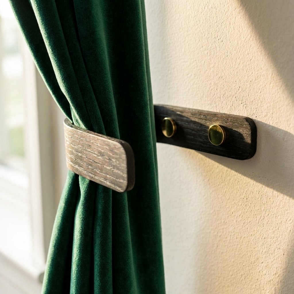 Green curtain tied with a wooden and metal curtain tieback against a white wall.