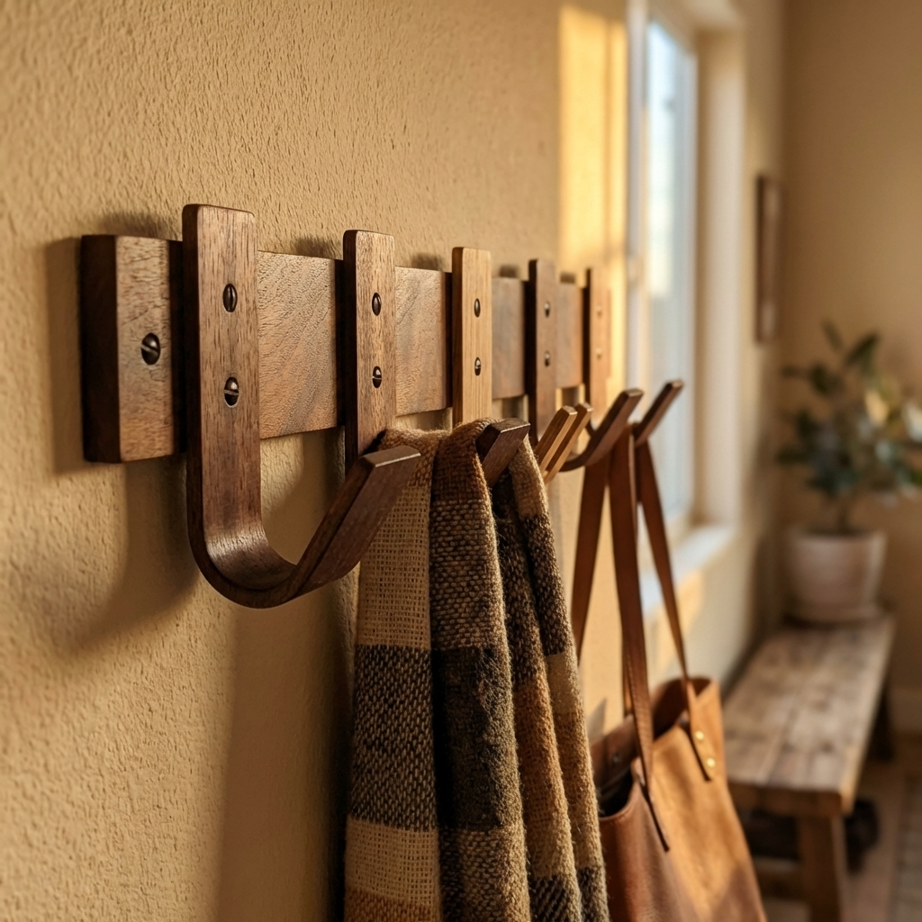 Walnut coat rack with oak key hook in hallway with coats and keys
