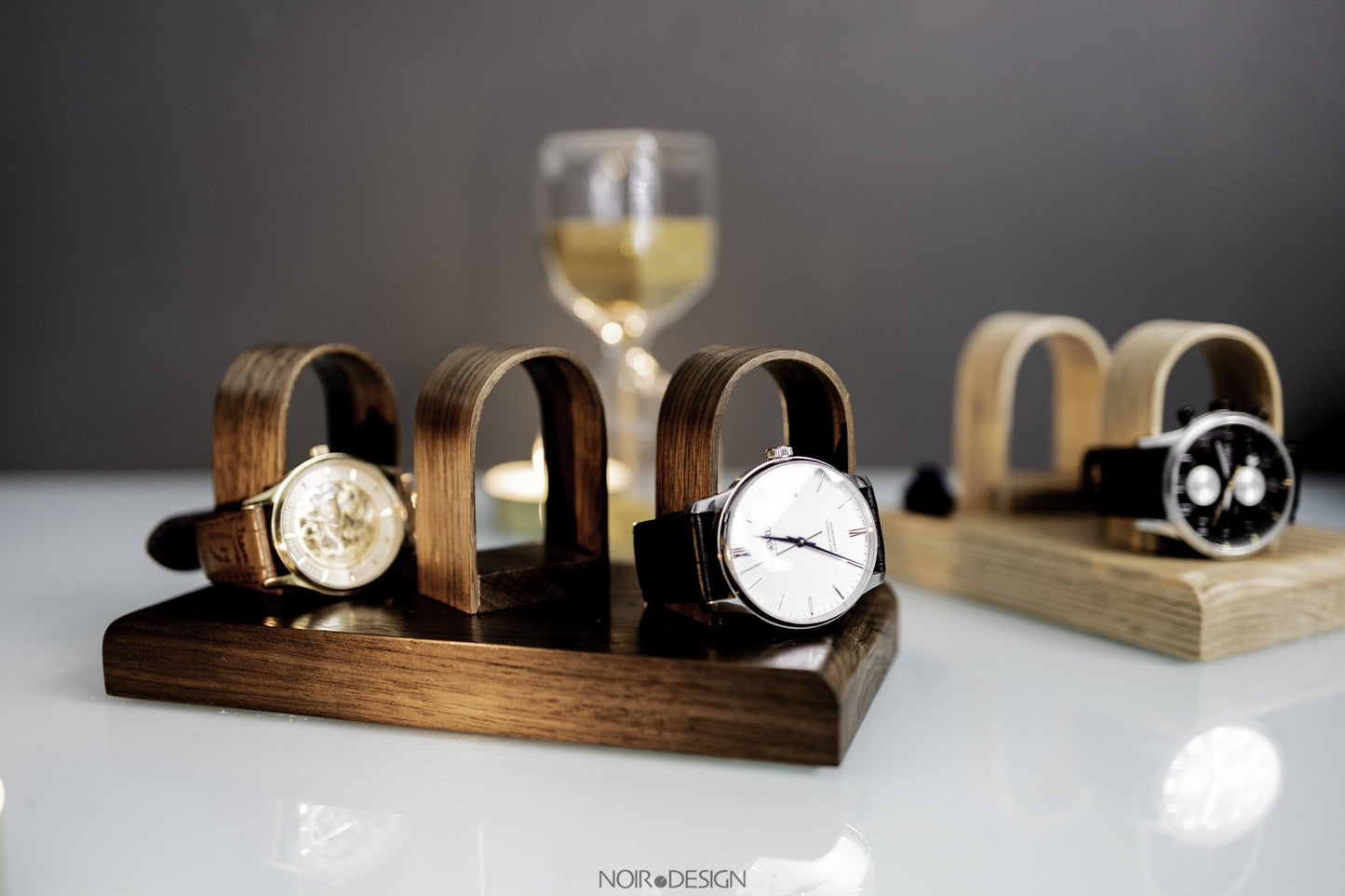 Luxury Walnut Triple Watch Stand Holder - Watch Display - NOIR.DESIGN