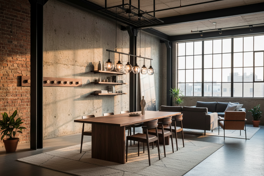 Industrial loft interior with exposed brick, concrete floors, and warm oak wooden furniture creating perfect material balance