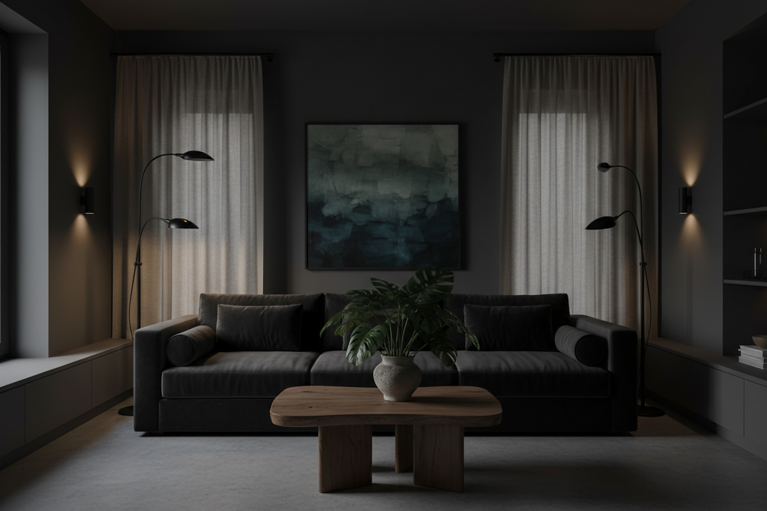 Moody modern interior design with dark walls, designer wooden curtain holdbacks, and minimalist decor