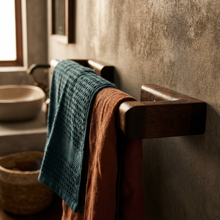 Luxury designer walnut towel rail wall-mounted in bathroom, handcrafted artisan wood, elegant finish, modern style with towels hanging, premium bathroom accessory.