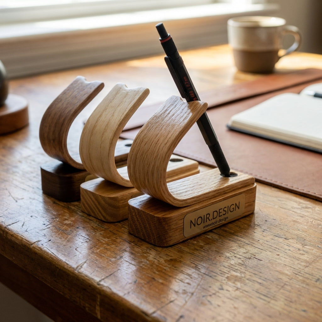 Luxury personalised wooden pen holder on desk