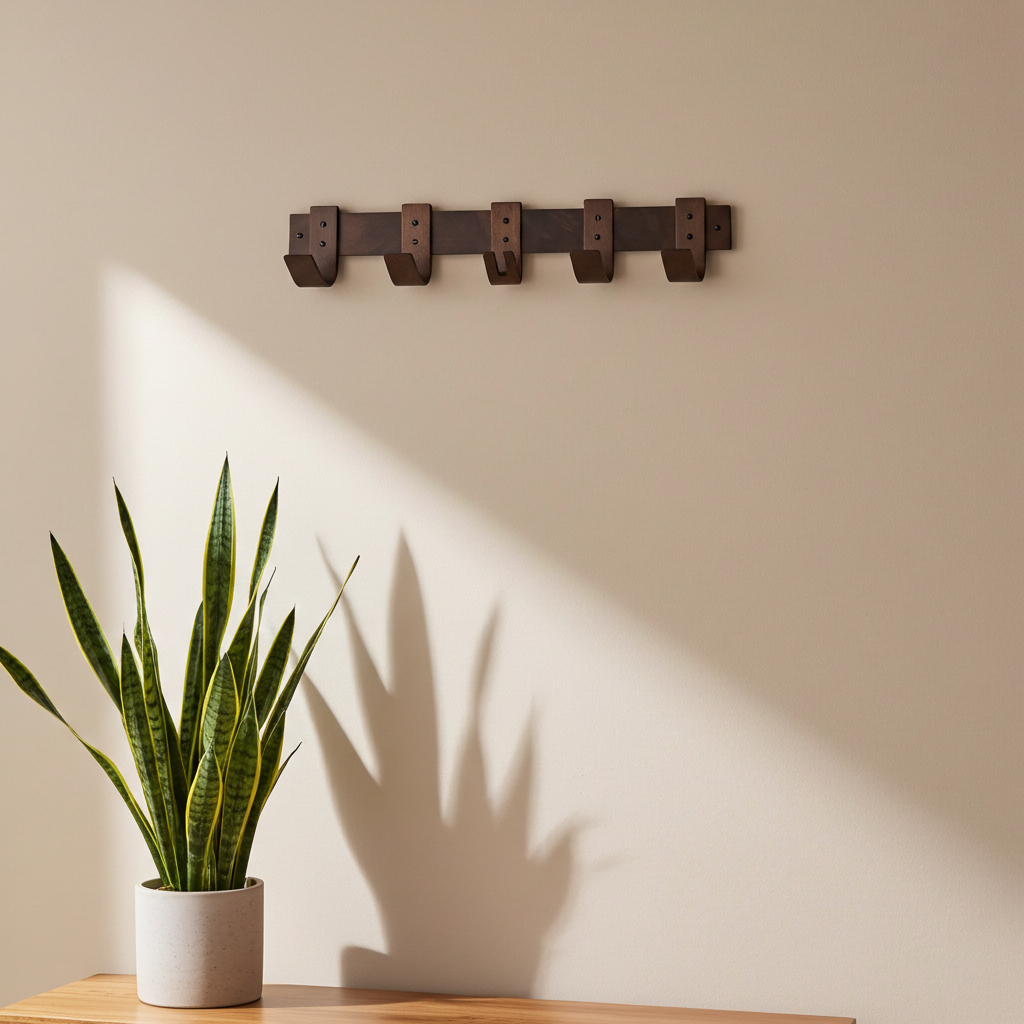 Potted plant on a wooden table with a wall-mounted coat rack in the background